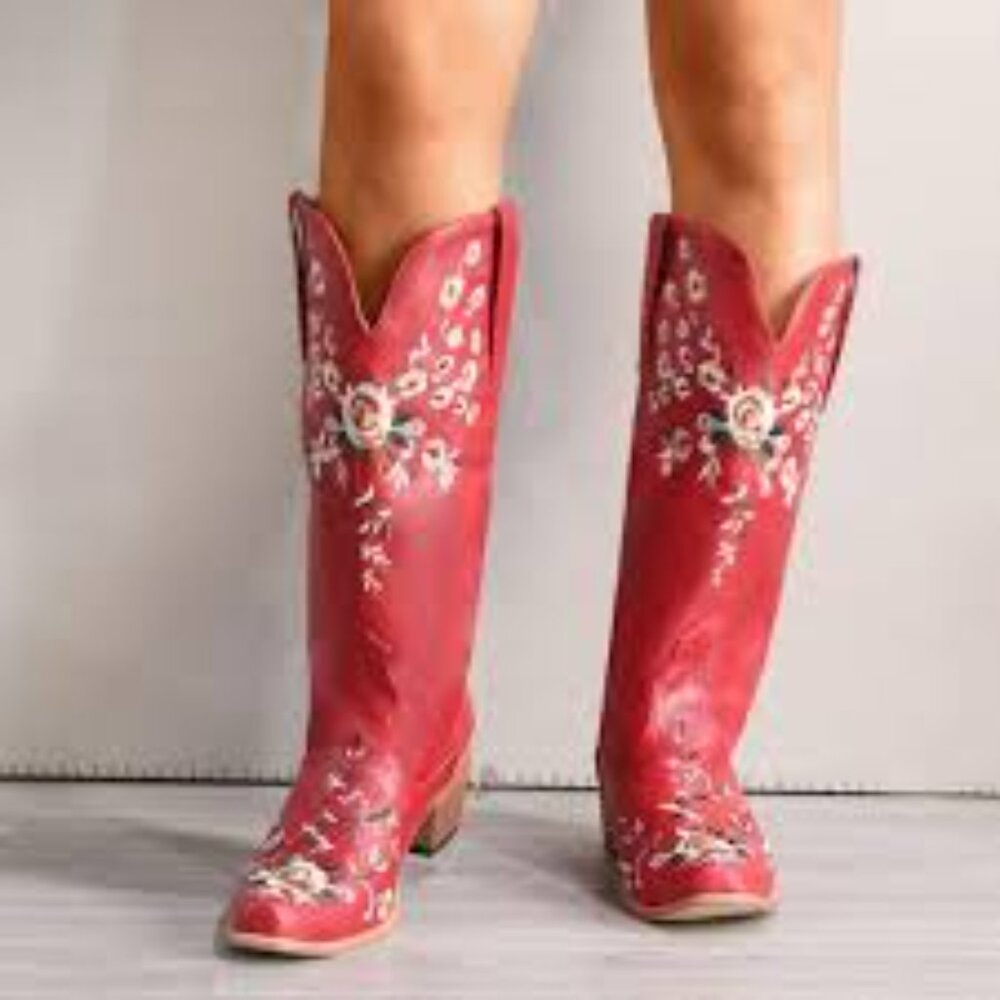 Shyanne Women's Maisie Floral Embroidered Western Cowboy Boots Red/Burgundy